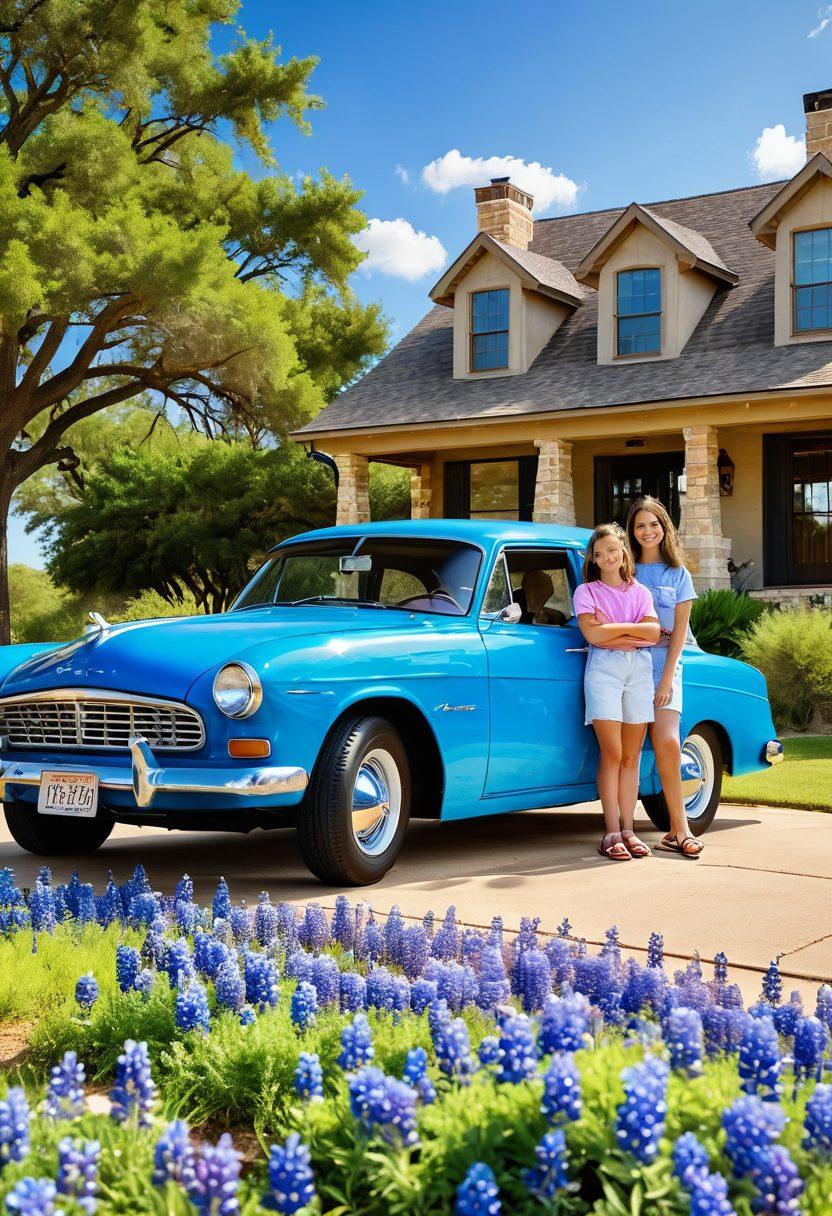 A split-scene image showcasing a serene Texas landscape transitioning seamlessly from an automobile setting to a cozy home environment. In the foreground, a smiling family stands beside their car, while in the background, their charming Texas home is bathed in warm sunlight. Add colorful elements such as blooming bluebonnets and a clear blue sky to evoke happiness and security. super-realistic. vibrant colors. 3D.